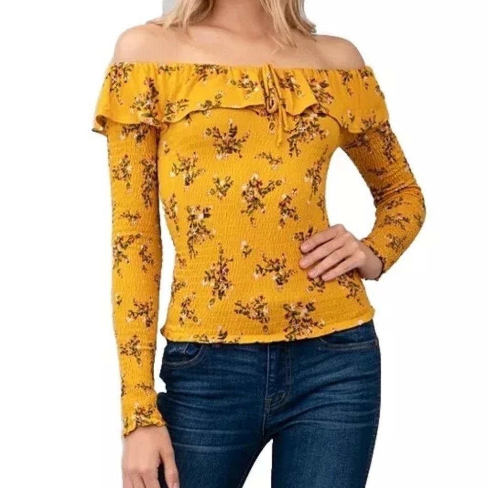 Smocked Off‎ Shoulder Crop Top Stretch Rayon Long Sleeve Peasant Boho Floral